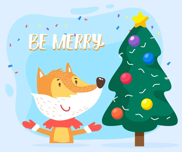 Fox Stand cerca de árbol de abeto de Navidad, animales del bosque — Vector de stock