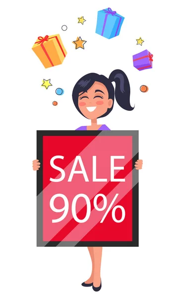 Happy Customer Holding Table 90 Procent Sale Ad — Stockvector