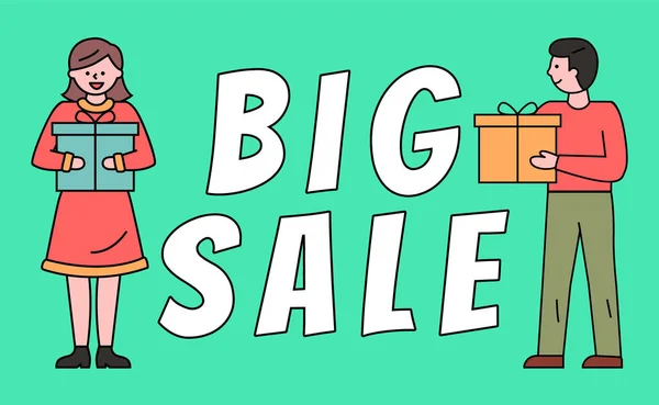 Big Sale Banner with Happy Customers and Gifts — Stok Vektör