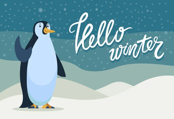 Hello Winter Pingvin karakter üdvözlő kártya — Stock Vector
