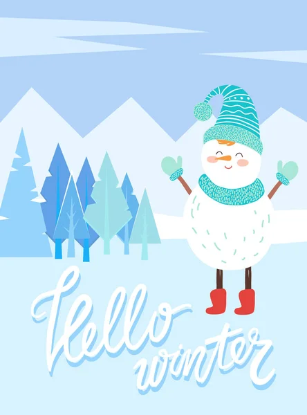 Witaj Winter Snowman Postać w Snowy Forest — Wektor stockowy