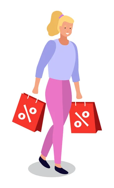 Personagem de compras Segurando itens comprados em sacos — Vetor de Stock