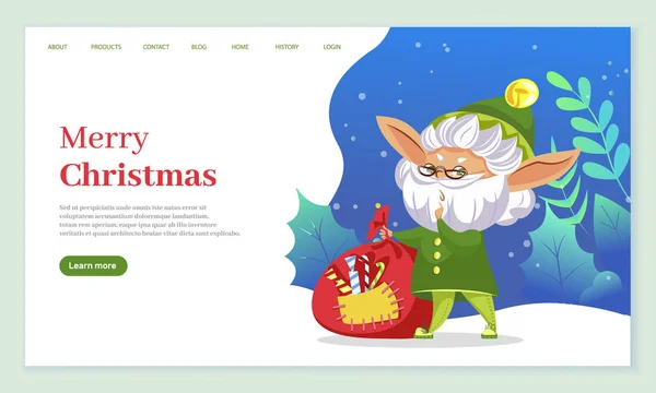 Wesołych Świąt stary elf z workiem Sweets Web — Wektor stockowy