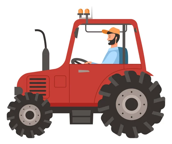 Maquinaria masculina do trator de condução, trabalho da agricultura — Vetor de Stock
