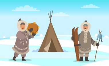 Eskimo Adamlar, Arktik İnsanlar Wigwam Gibi Sığınak Yakınları