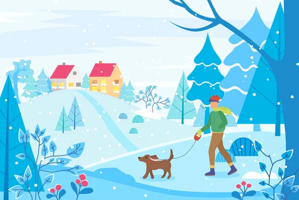 Hombre paseando perro en paisaje de invierno, vista a la ciudad — Vector de stock
