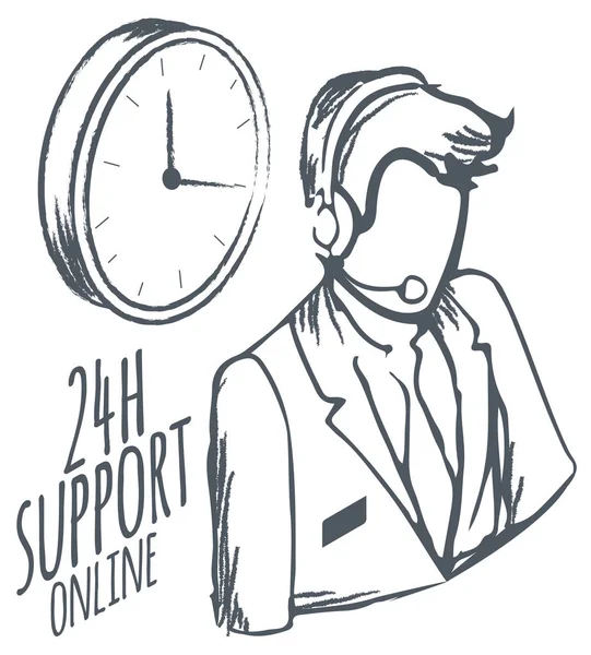 Call Center 24 Horas Soporte Icono de boceto en línea — Vector de stock