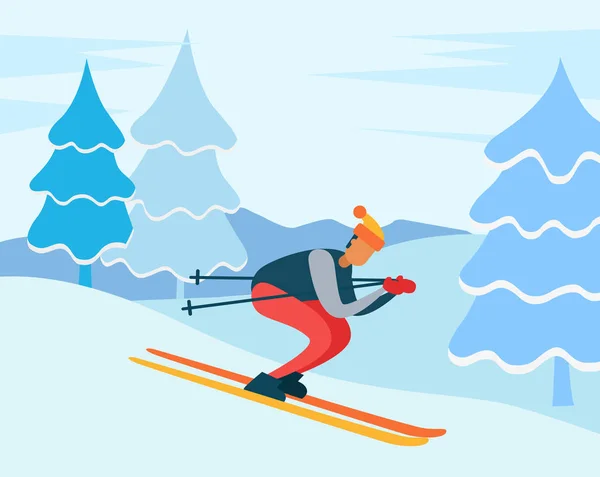 Σκι Downhill Χειμερινό χόμπι του χαρακτήρα στο δάσος — Διανυσματικό Αρχείο
