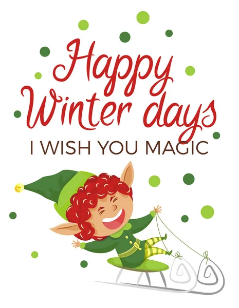 Felices Días de Invierno, Elf Wish Magic, Tarjeta de felicitación — Vector de stock