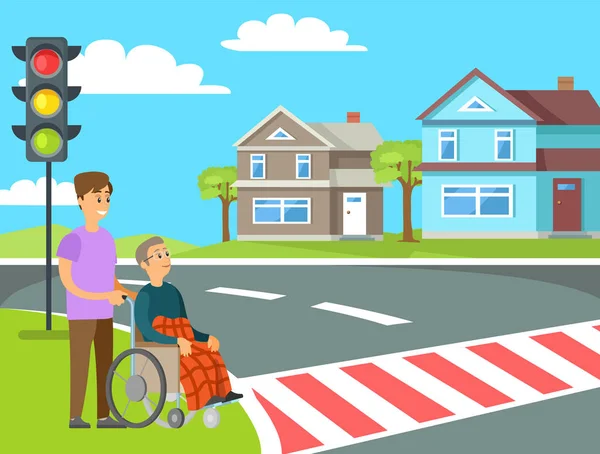 Voluntário ajuda avó em cadeira de rodas incapaz de andar —  Vetores de Stock