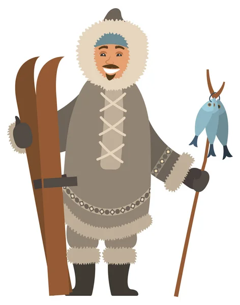 막대기 벡터 위에 스키와 물고기를 가진 북극 사냥꾼 — 스톡 벡터