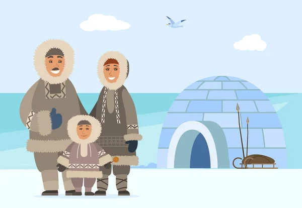 Ártico Família Pessoas por Igloo, Homem Mulher e Criança —  Vetores de Stock