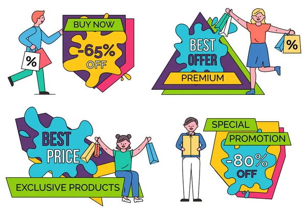 Muži a ženy na nákupy, Nejlepší nabídka a cena — Stockový vektor