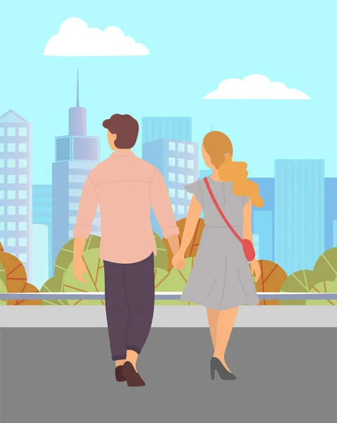 Casal apaixonado segurando as mãos andando na rua —  Vetores de Stock