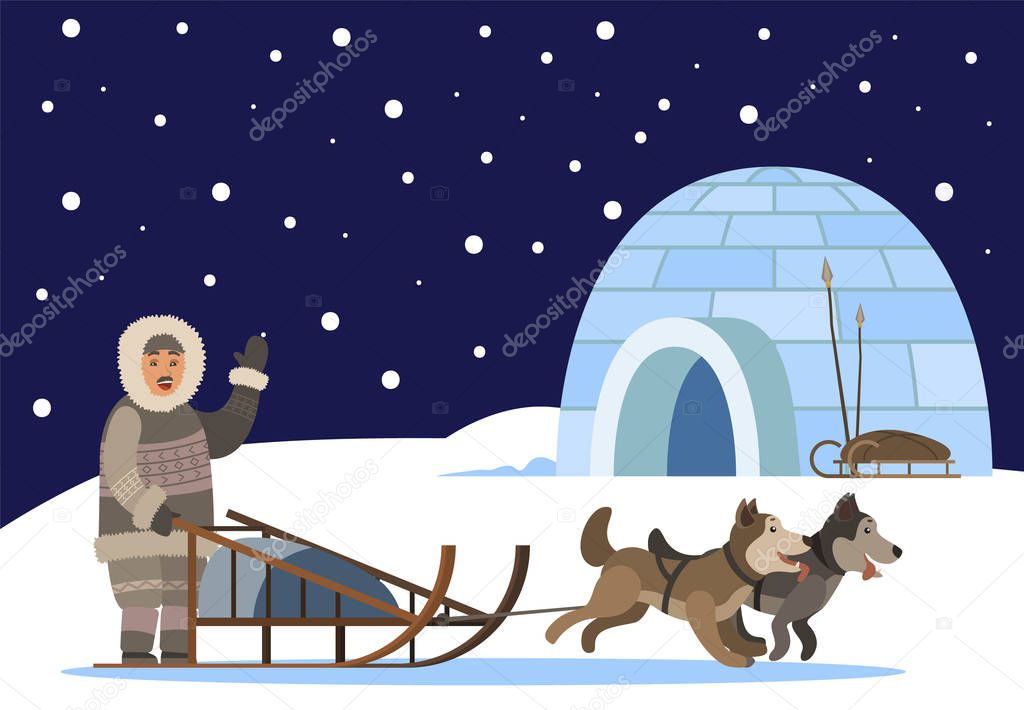 Inuit Passing Igloo on Sledges with Husky Dog