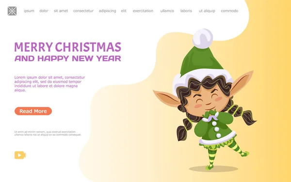 Joyeux Noël et bonne année, mignon elfe fille — Image vectorielle
