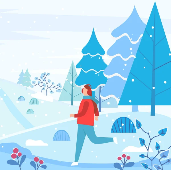 Person Jogging in Earmuffs in Winter Landscape — Stock Vector