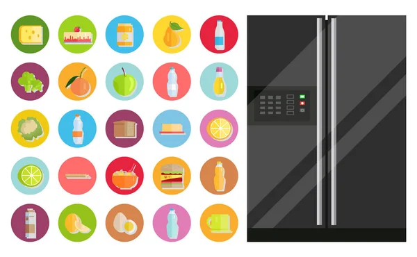 Kühlschrank mit Geschirr und Mahlzeiten — Stockvektor