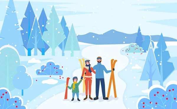 Οικογενειακή στάση με σκι στο δάσος, χειμερινό σκι — Διανυσματικό Αρχείο