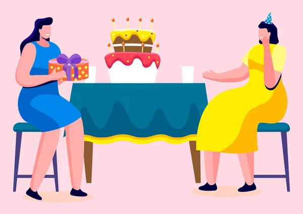 Φίλοι Γιορτάζοντας γενέθλια από το τραπέζι με κέικ — Διανυσματικό Αρχείο