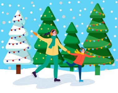Anne ve Çocuk Kar Ağacı Vektörü 'nün yanında kayıyorlar.