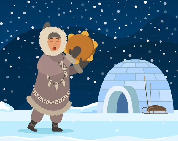 Eskimo Adam, Kuzey Kutbu İnsanları Igloo Barınağı Yakınları — Stok Vektör