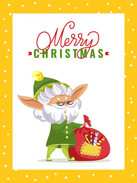 Starý elf s dárkovou taškou na vánoční přání — Stockový vektor