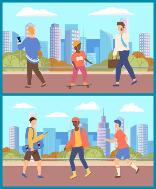 Şehir Caddelerinde Yürüyen İnsanlar, Vatandaşlar Vektörü