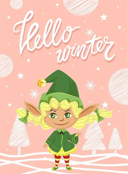 Hello Winter, Elf Üdvözlet Karácsonyi Ünnepek — Stock Vector
