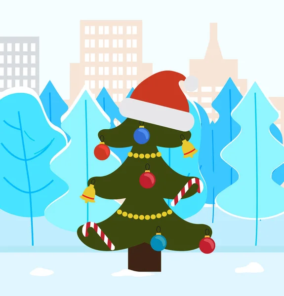 Tanne zu Weihnachten, Fichte mit Weihnachtsmütze — Stockvektor