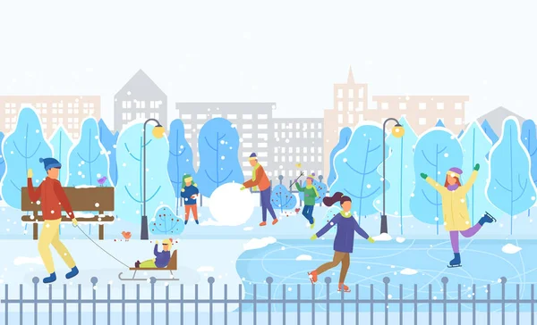 Зимний городской парк, дети на катке Фигурное катание — стоковый вектор