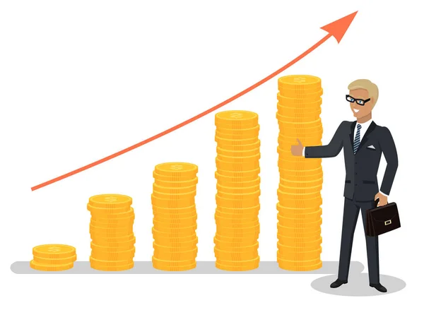 Zakenman in brillen met koffer, Investeringen — Stockvector