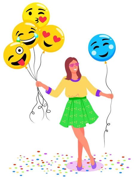 Γυναίκα με Μπαλόνια σε μορφή Emoji Photozone — Διανυσματικό Αρχείο