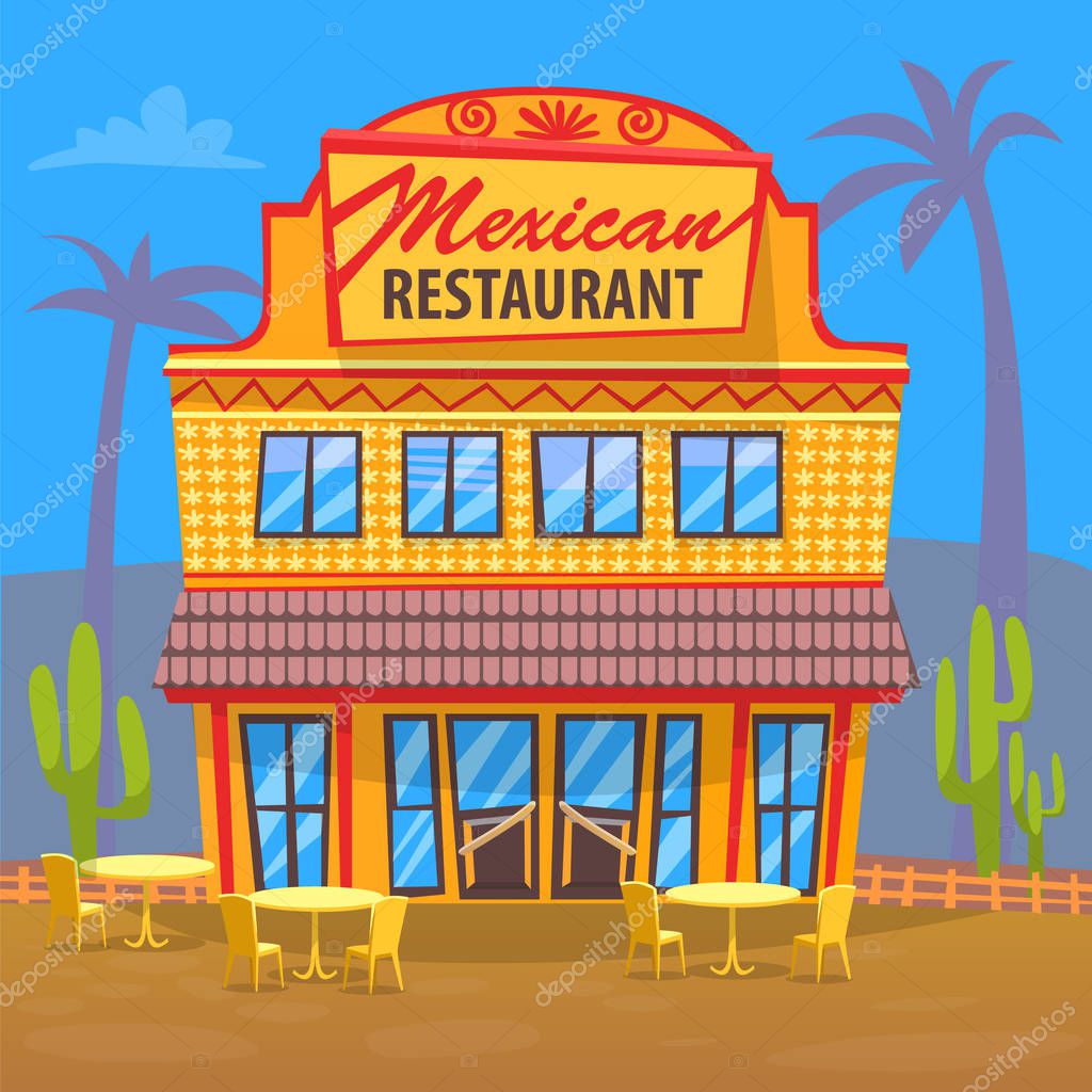 Mexican cuisine restaurant vector, exterior of eatery. House with signboard and entrance for clients. Palms and cactus desert environment, eating place