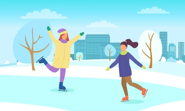 Filles patinant sur la patinoire, Vacances d'hiver actives — Image vectorielle