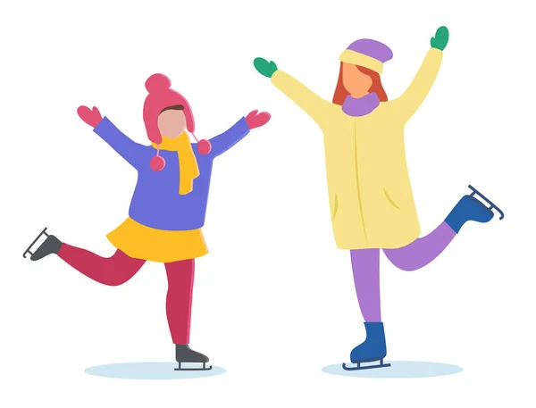 Filles patinant sur la patinoire, Vacances d'hiver actives — Image vectorielle