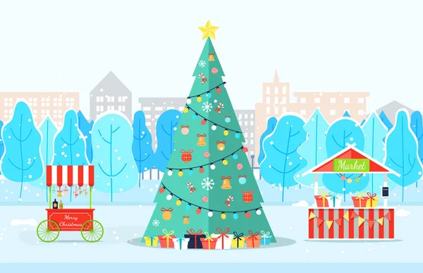 Vánoční strom v blízkosti stromů a budov vektor — Stockový vektor