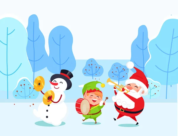 Santa dan Snowman dengan Elf di Winter Park Vector - Stok Vektor