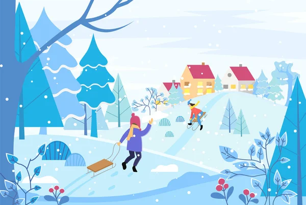儿童拉雪橇冬季风景区 — 图库矢量图片