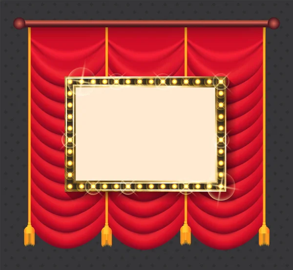 Quadro iluminado dourado, vetor de cortina de palco — Vetor de Stock