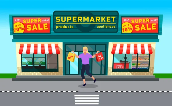 Wyprzedaż w Supermarkecie, Kobieta z torbami na zakupy — Wektor stockowy
