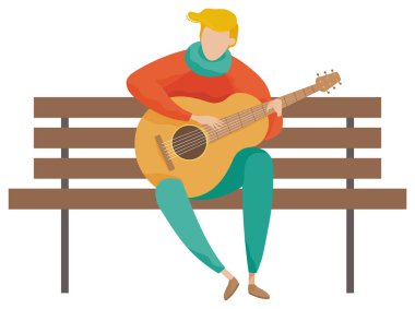 Tahta Benç Vektöründe Gitar Çalan Müzisyen