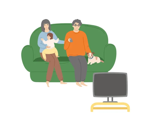 Regarder la télévision, Assis sur le canapé, Vecteur familial — Image vectorielle