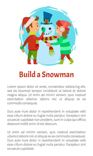 Costruire un manifesto pupazzo di neve, bambini felici in inverno — Vettoriale Stock