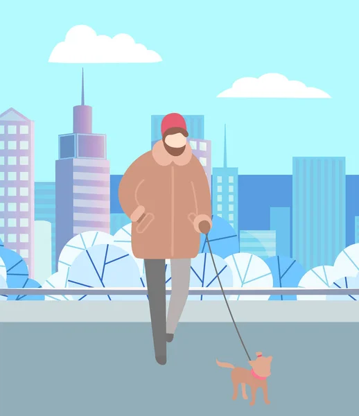 Chien de promenade homme en laisse dans Winter City Park — Image vectorielle