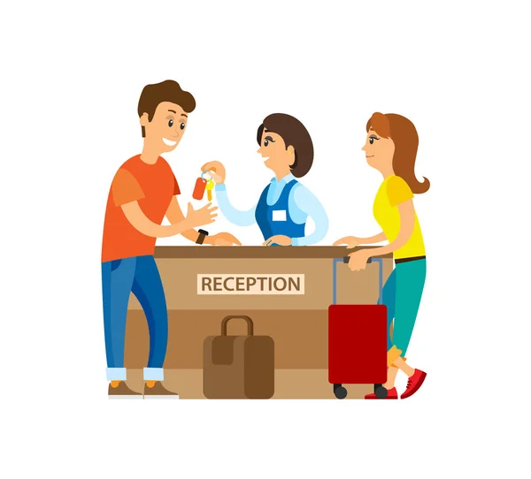 Hotel Reception, Receptionist with Keys and Client — Stock Vector