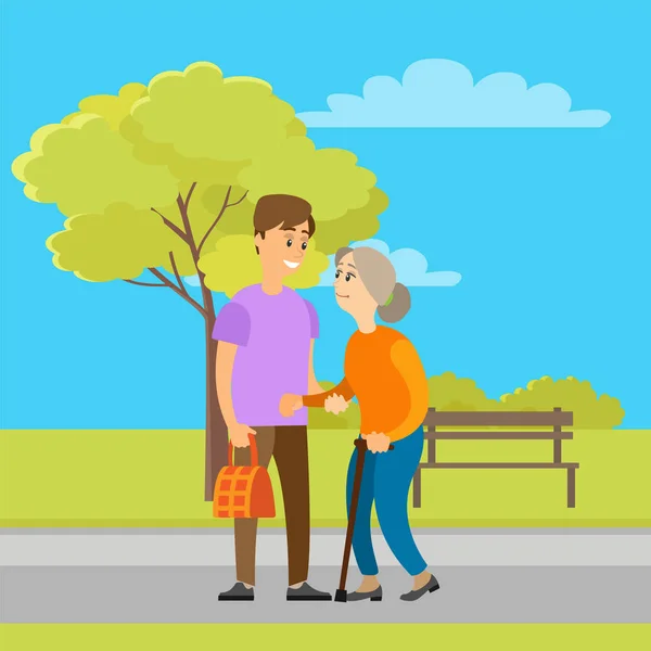 Volunteer Helping Old Granny to Carry Bag in Park — Stock Vector