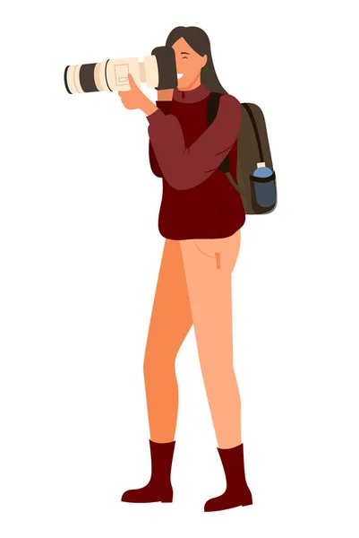 Mujer con cámara Full HD profesional, mochila — Vector de stock