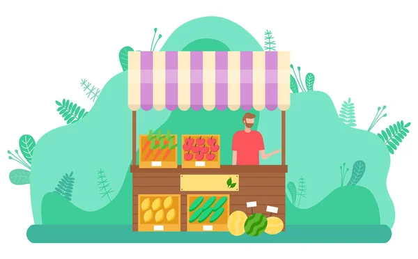 Frühlingsmarktcharakter beim Verkauf von Gemüse im Freien — Stockvektor