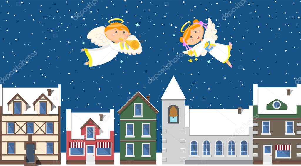 Christmas Angels above Town in Sky, Winter Holiday